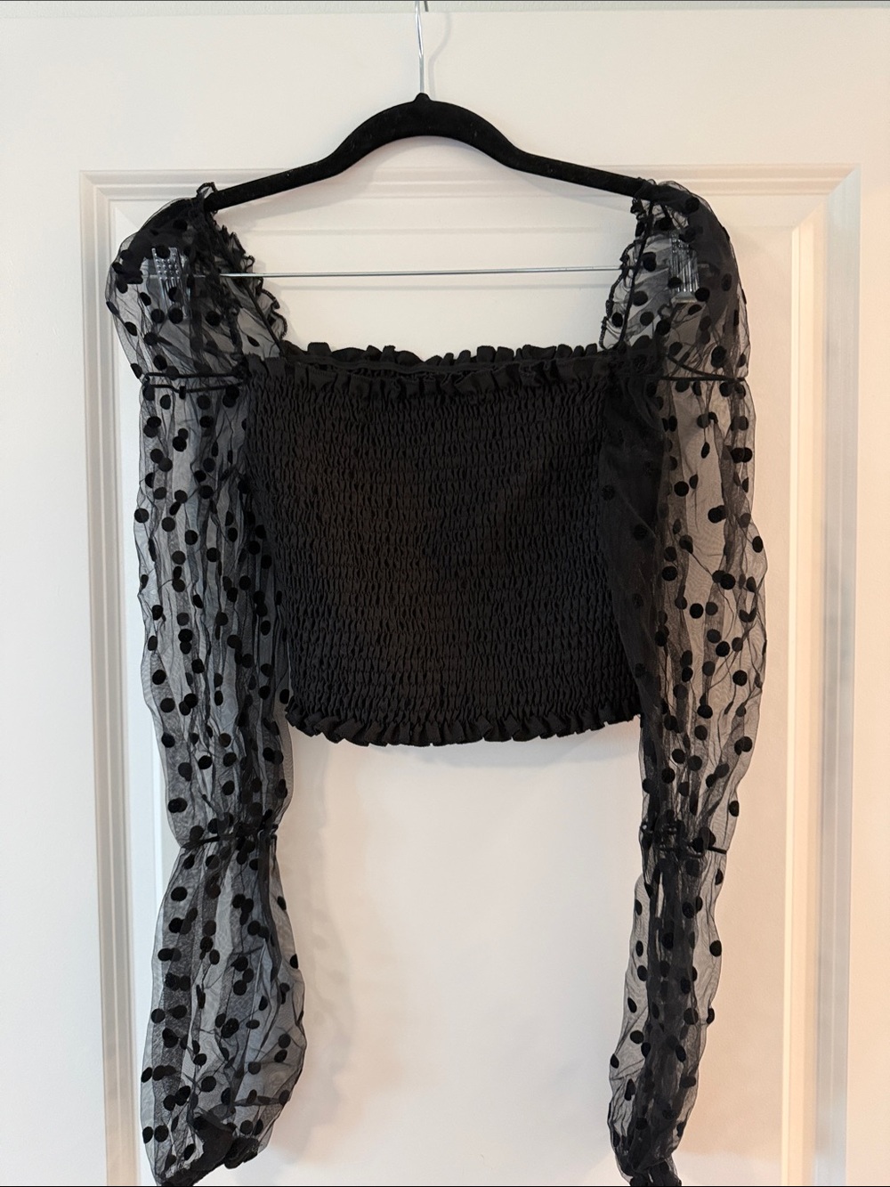 SHEIN Black Smocked Crop Top with Sheer Polka Dot Puff Sleeves